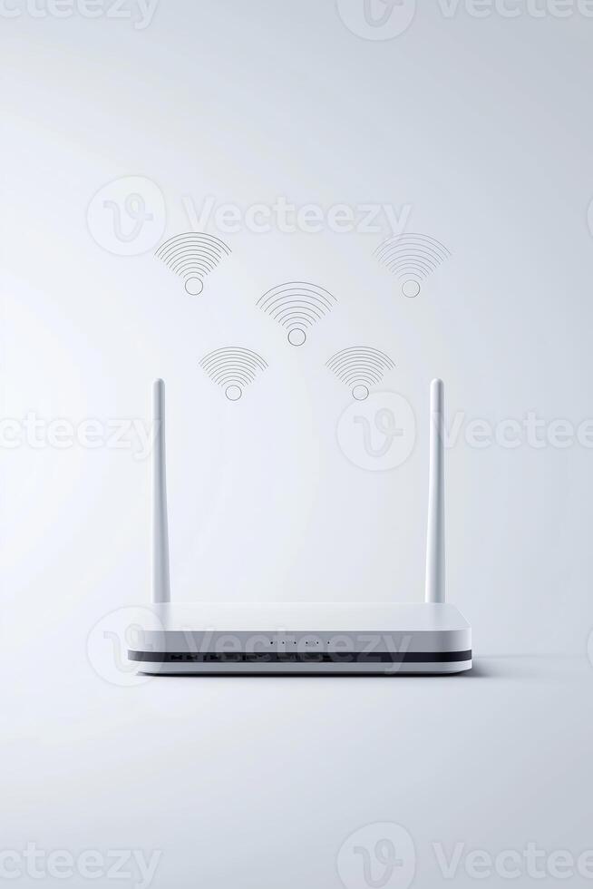 Modern white wi-fi router with antennas and signal waves on minimalist background photo