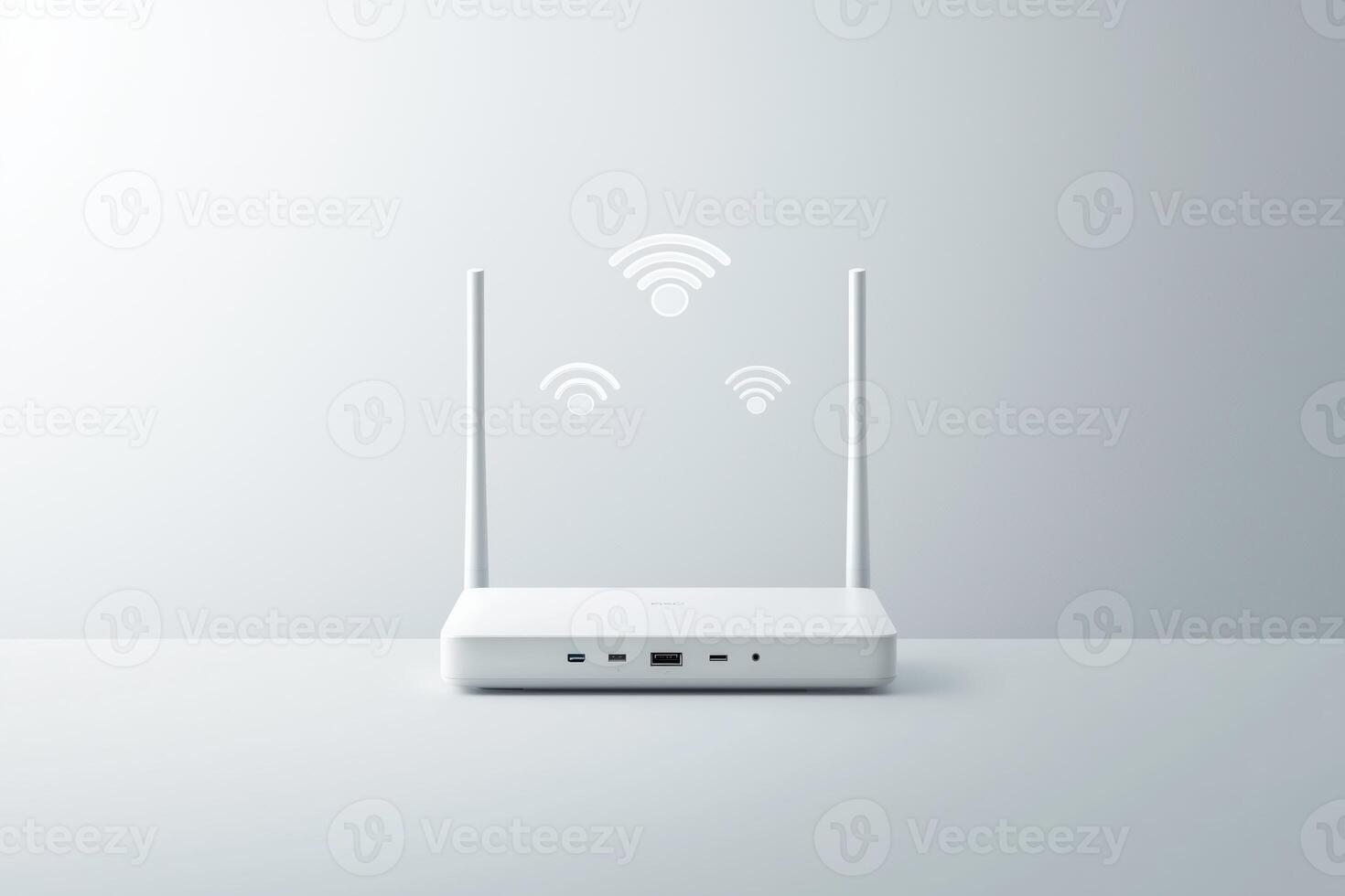 Modern wireless router with antennas and wi-fi signal icons against minimalist background photo