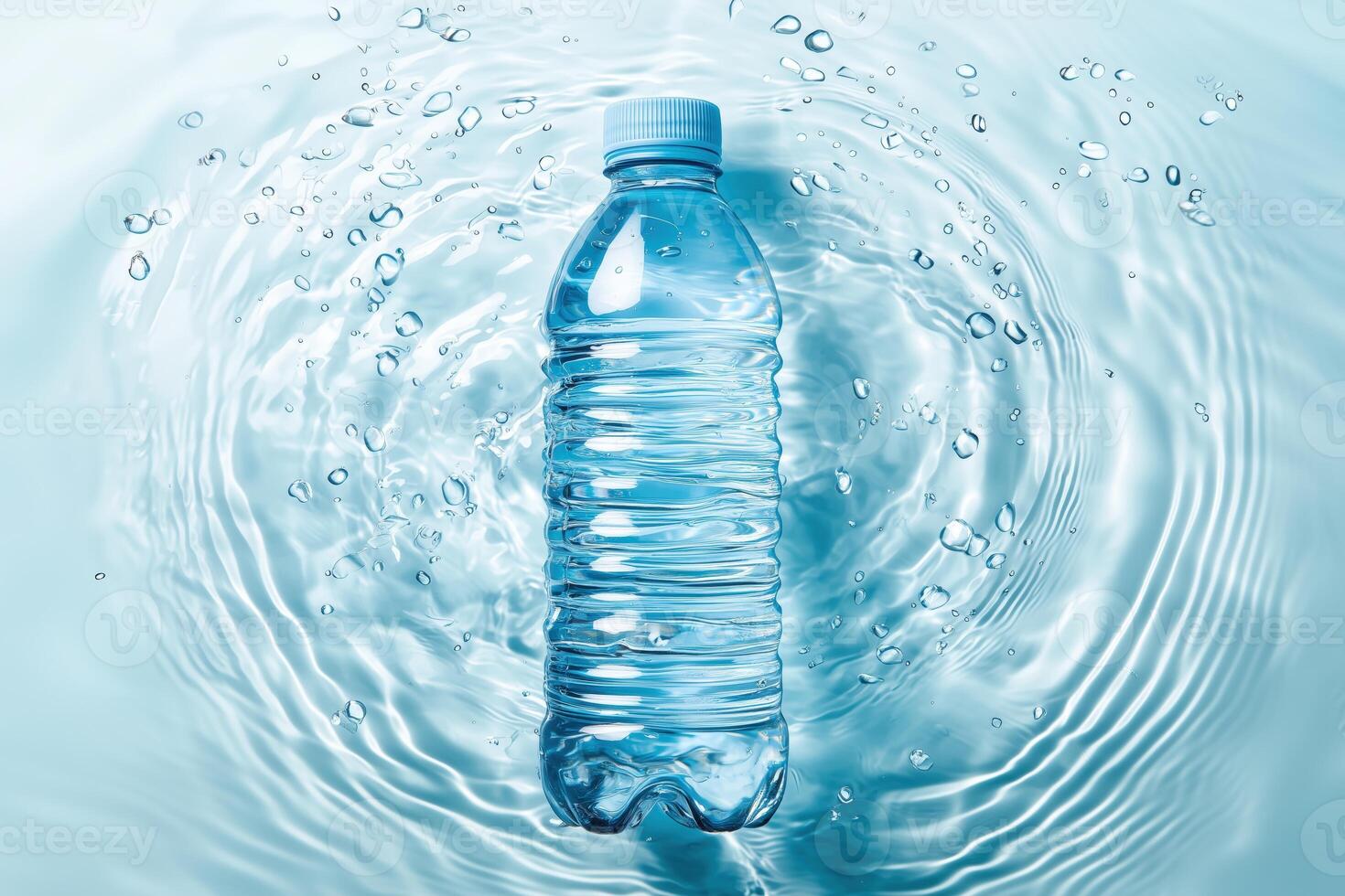 Clear plastic water bottle submerged in rippling blue water background photo