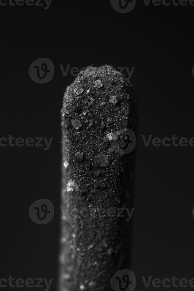Close-up of a textured black matchstick head covered with coarse salt crystals photo