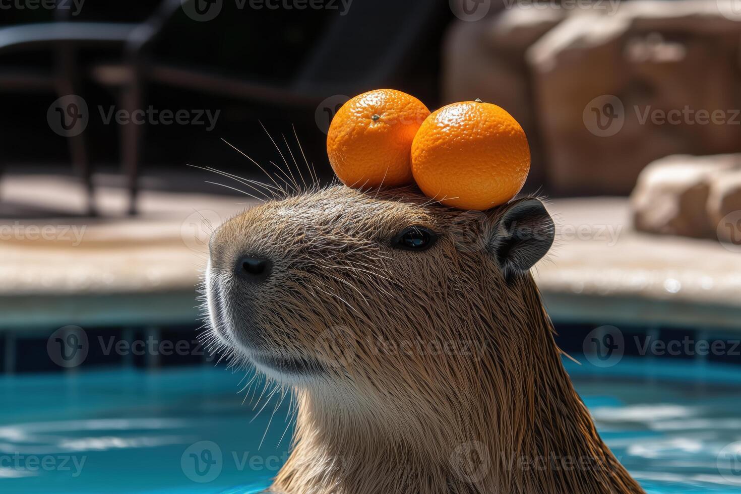 Capybara relaxing in pool with oranges balanced on head photo