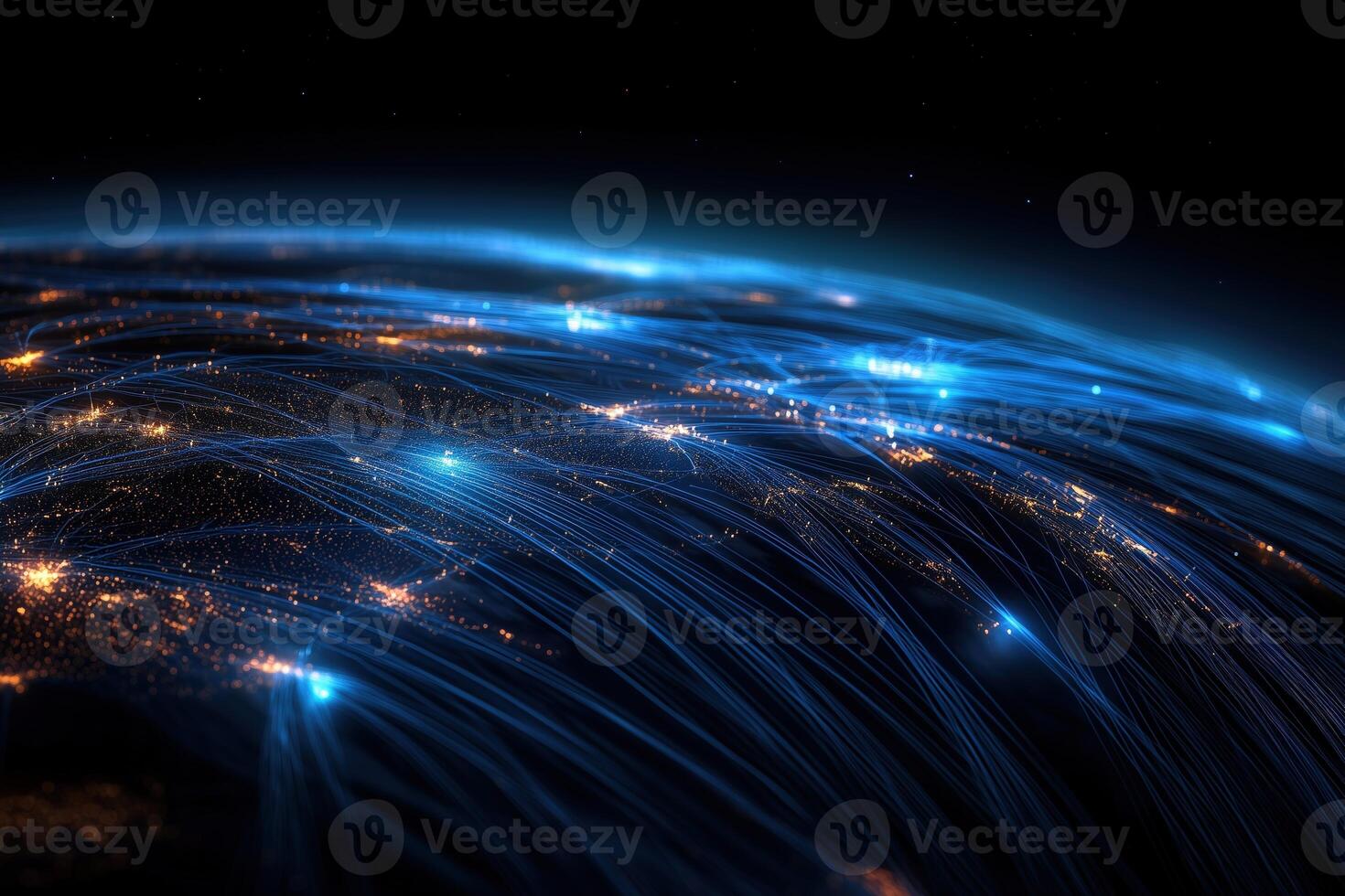 Abstract global network of illuminated connections over earth with streaming light effects photo