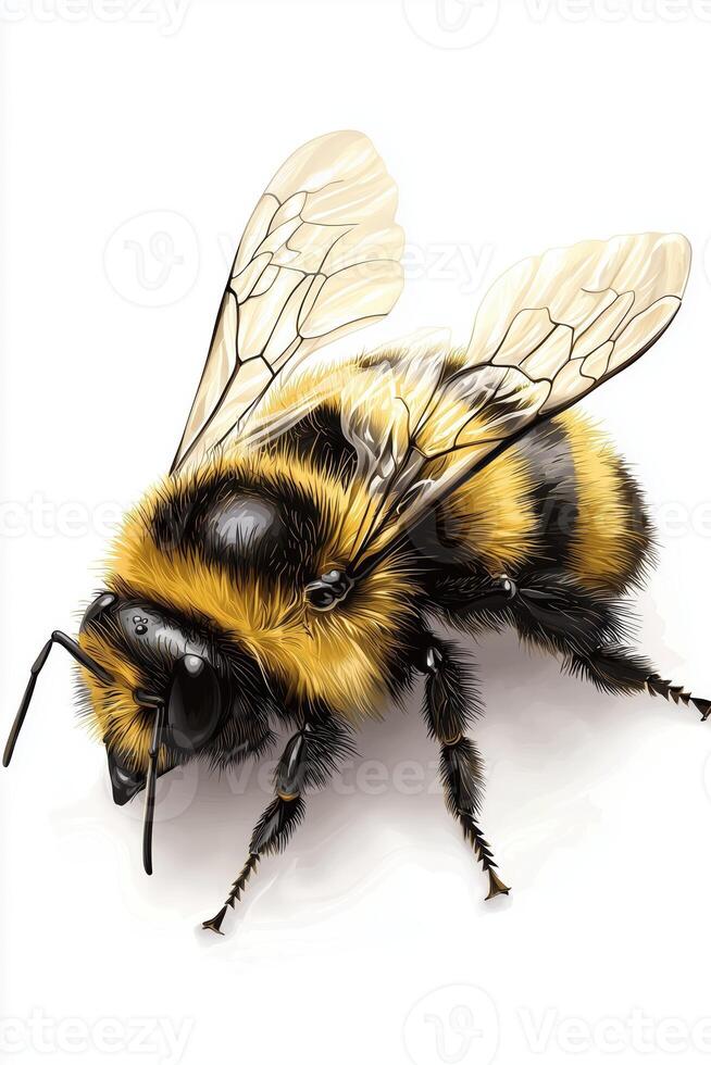 Close-up illustration of a bumblebee with vibrant yellow and black stripes on a white background photo