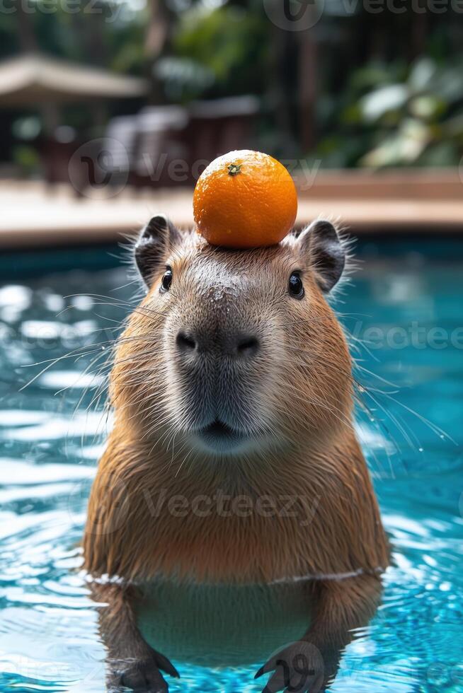 Capybara in pool with orange on its head relaxing in tropical setting photo