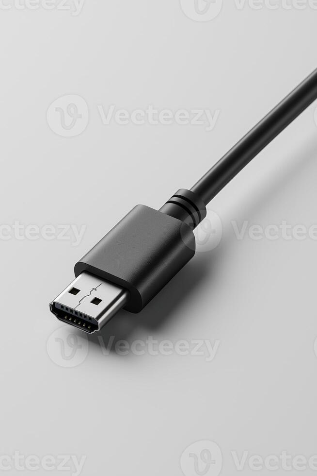 Close-up of a black usb connector on a grey background, showcasing high-quality tech details photo