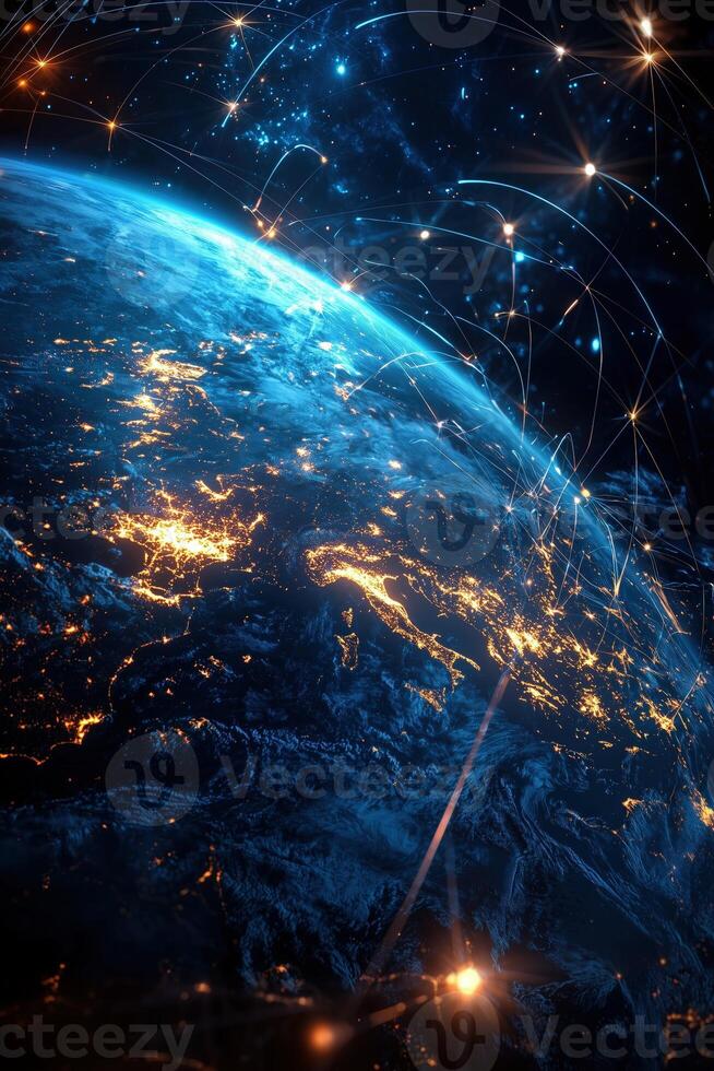 Illuminated earth from space with network connections and stars photo