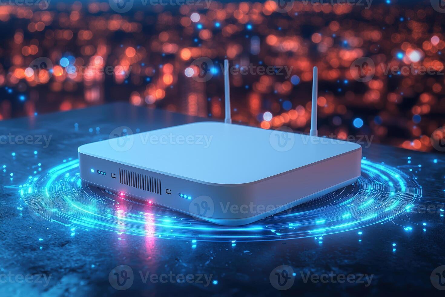 Modern wireless router with glowing network connection symbolizing high-speed internet and connectivity photo