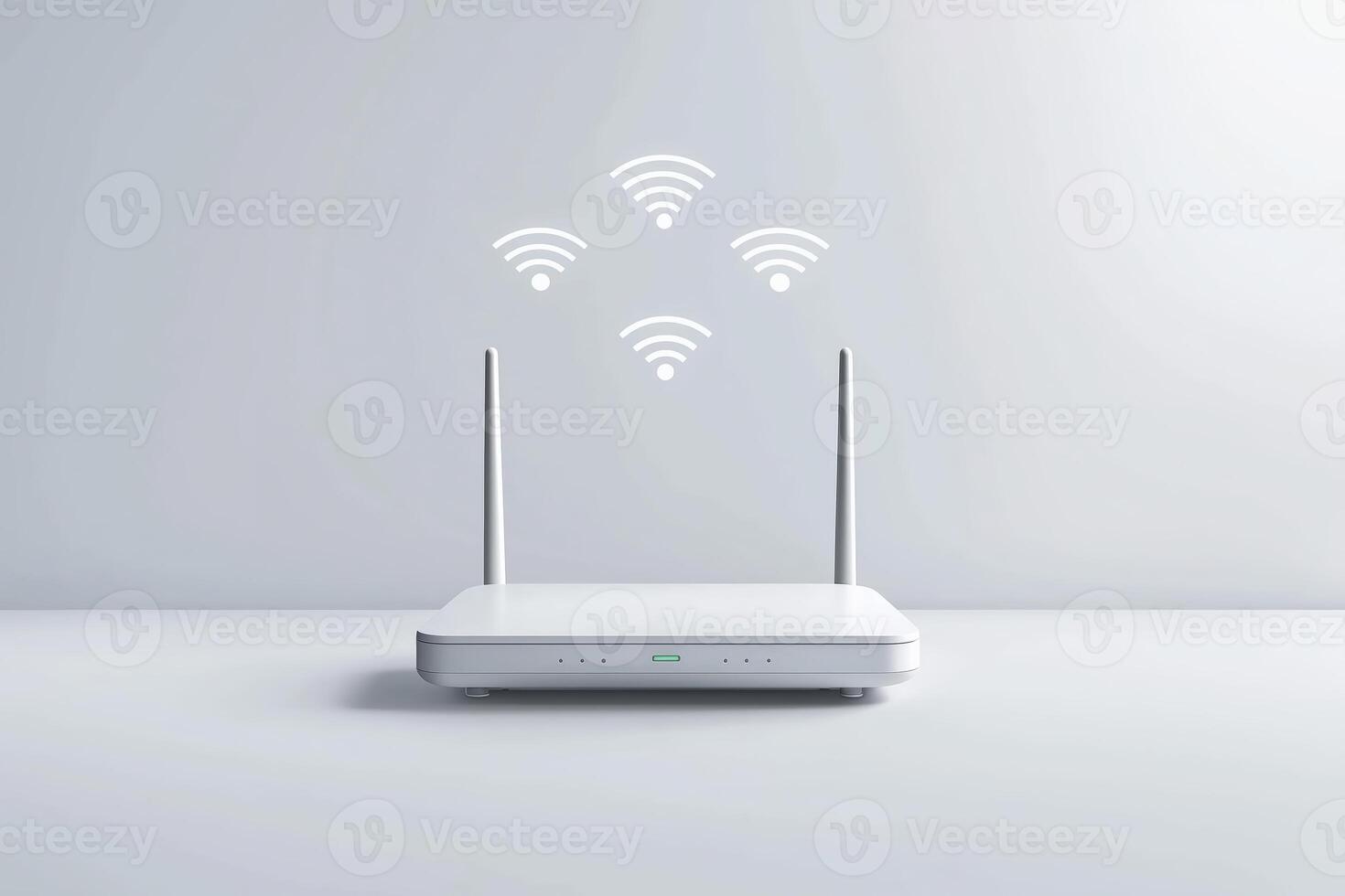 Modern wireless router with wi-fi signal waves on minimalist background photo