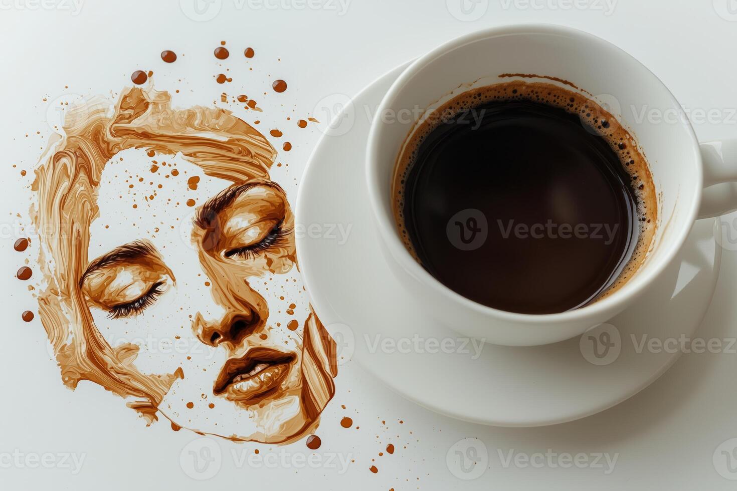 Coffee art with a woman's face illustration beside a cup of coffee on white background photo