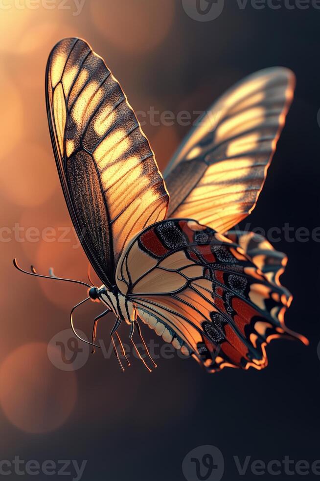 Stunning close-up of a monarch butterfly with bright orange and black wings against a blurred background photo