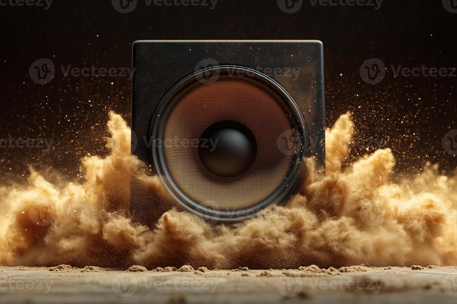 Dynamic speaker erupting dust and particles in dramatic sound wave imagery photo