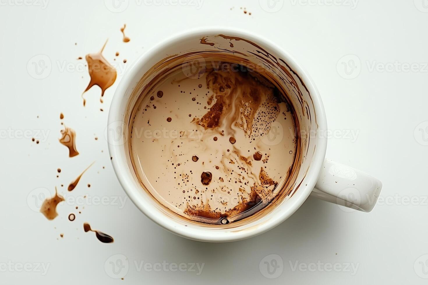 Spilled hot chocolate in a white mug with drips on a light background photo