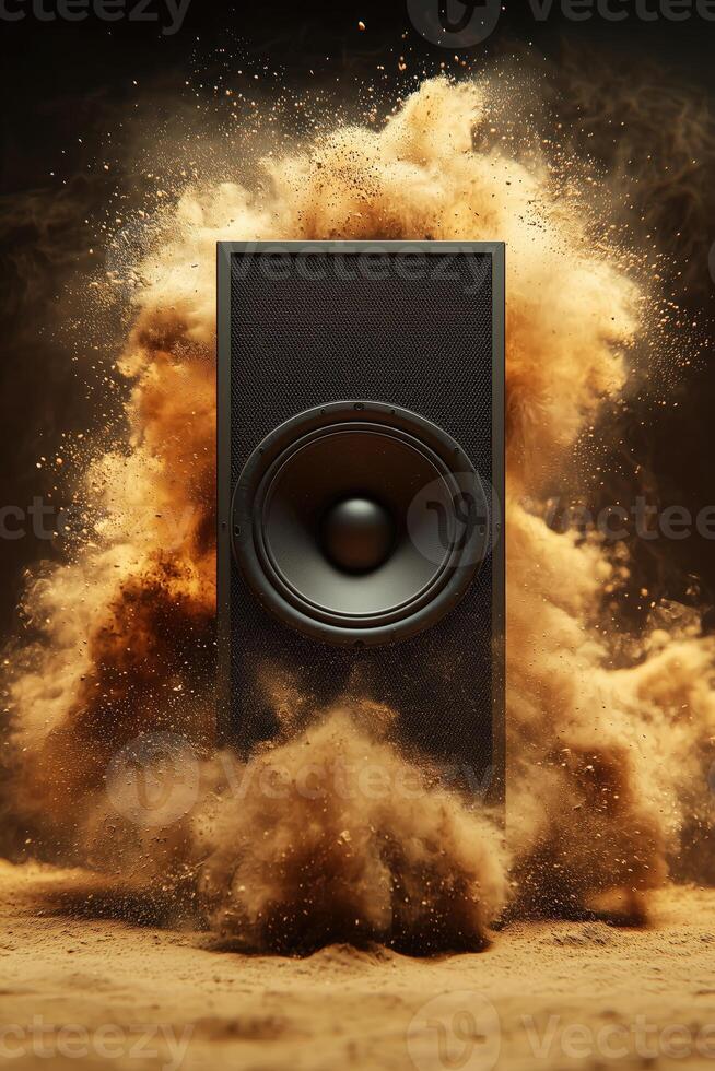 Dynamic speaker surrounded by explosive sand cloud in artistic composition photo