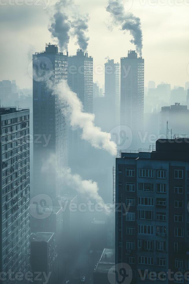 Industrial skyline during foggy weather with smoke rising from buildings photo