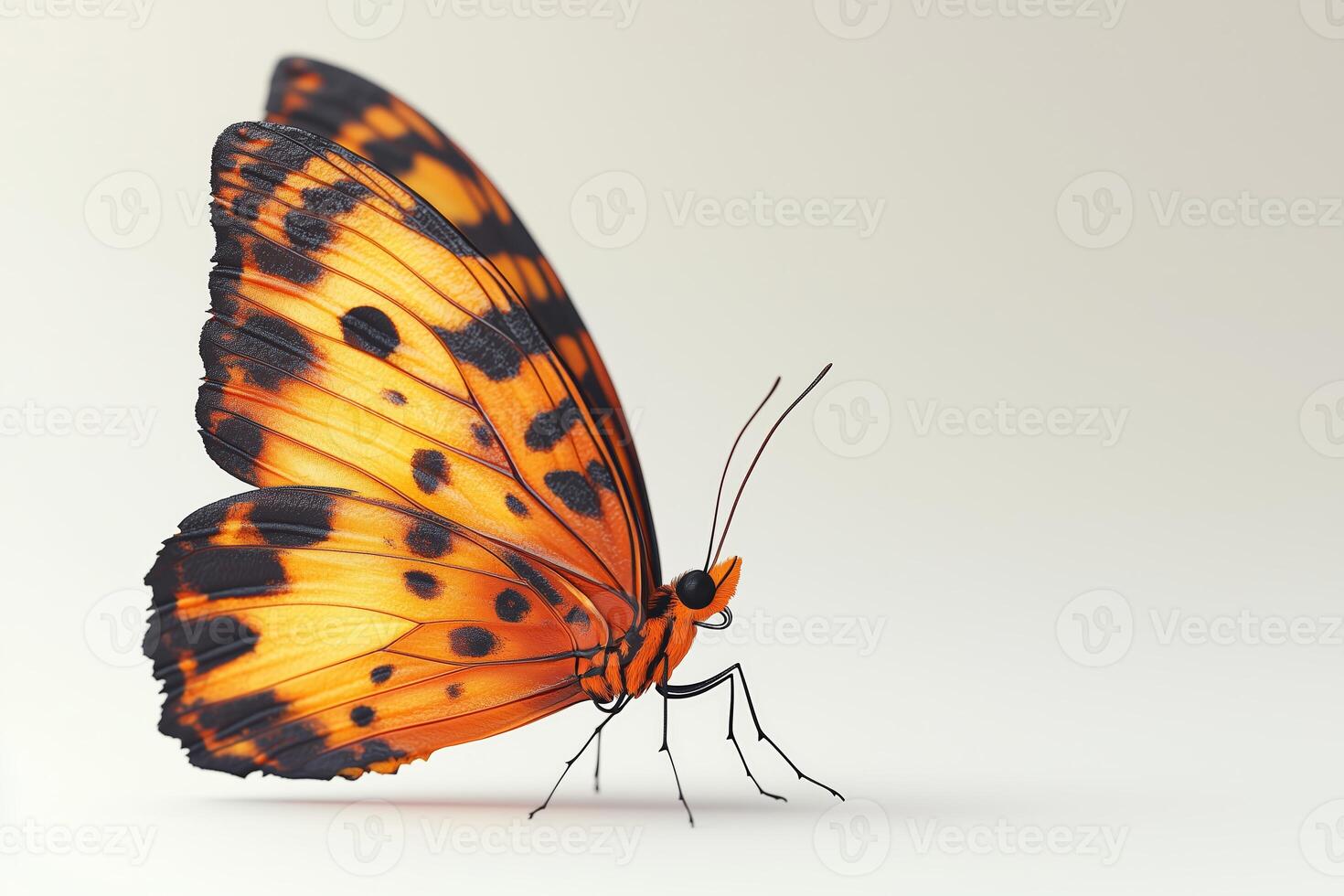 Close-up of a beautiful orange butterfly with black spots on a light background photo