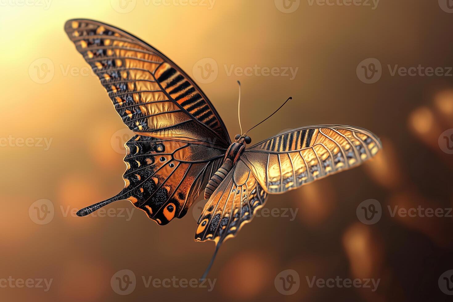Stunning close-up of a vibrant butterfly with intricate patterns and glowing wings in a dreamy golden background photo