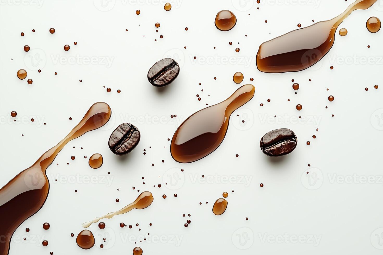 Coffee spill with grains and drips on white background for beverage themes photo