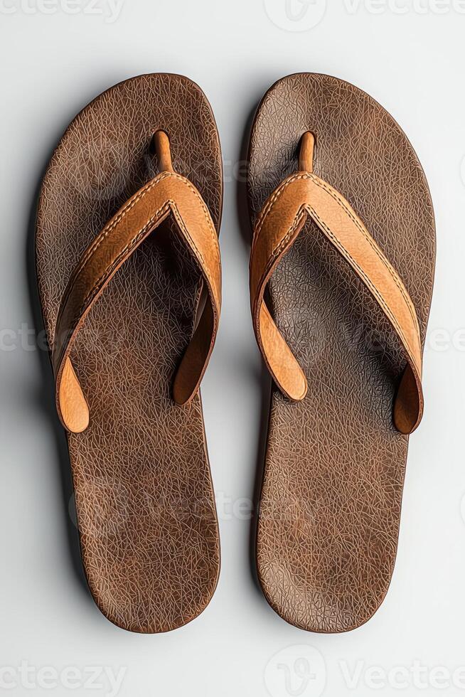 Stylish brown leather flip flops with minimal design on a light background photo