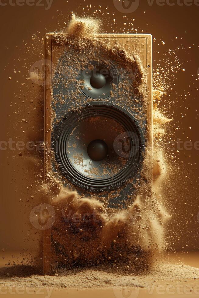 Dynamic speaker exploding with dust and particles in a creative conceptual composition photo