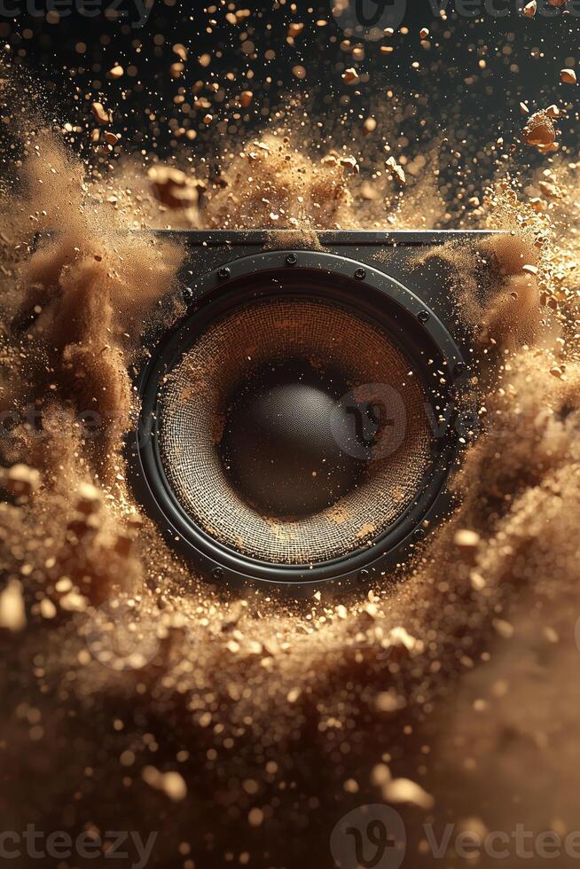 Dynamic sound waves erupting from a subwoofer surrounded by dust and debris photo