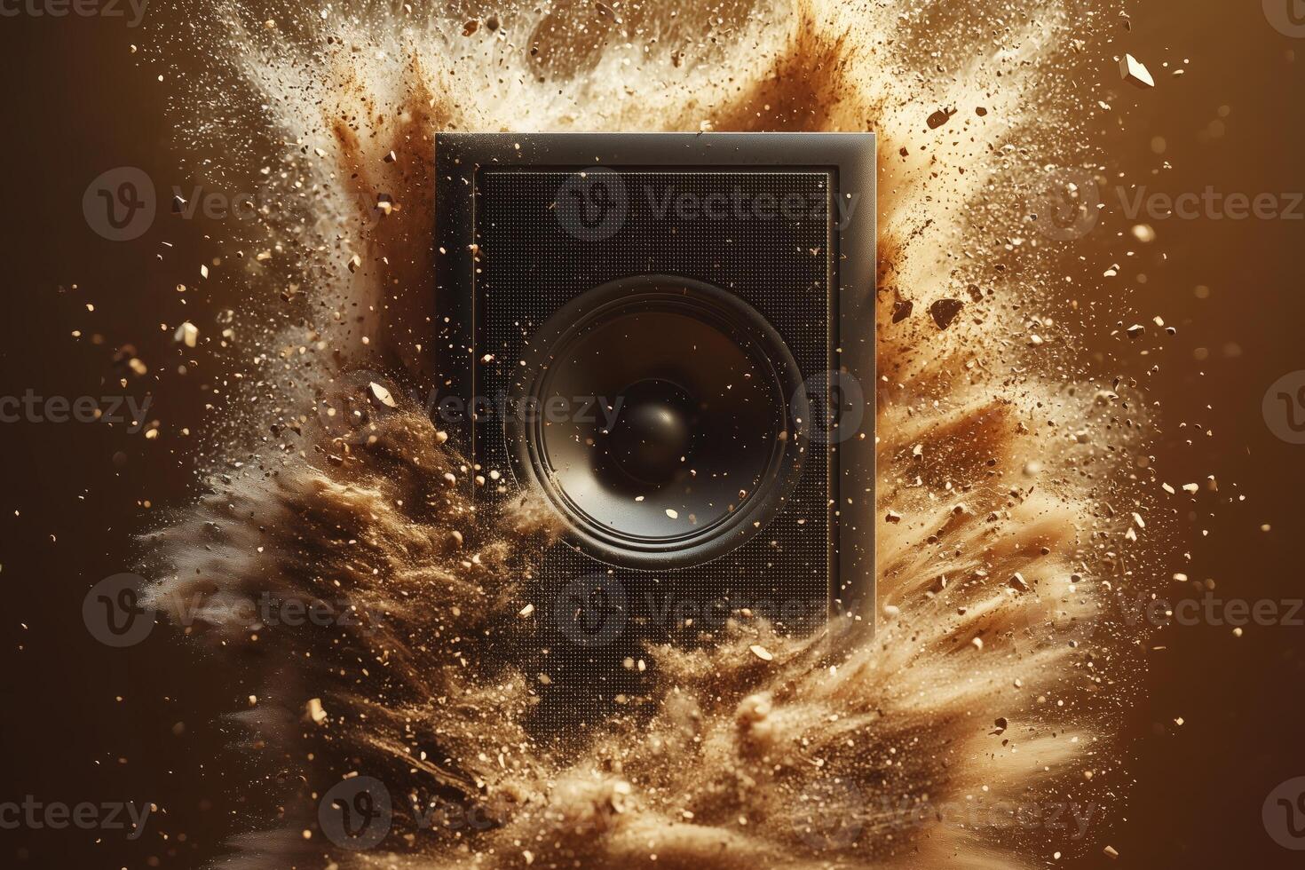 Dynamic speaker surrounded by explosive dust and debris in brown background photo