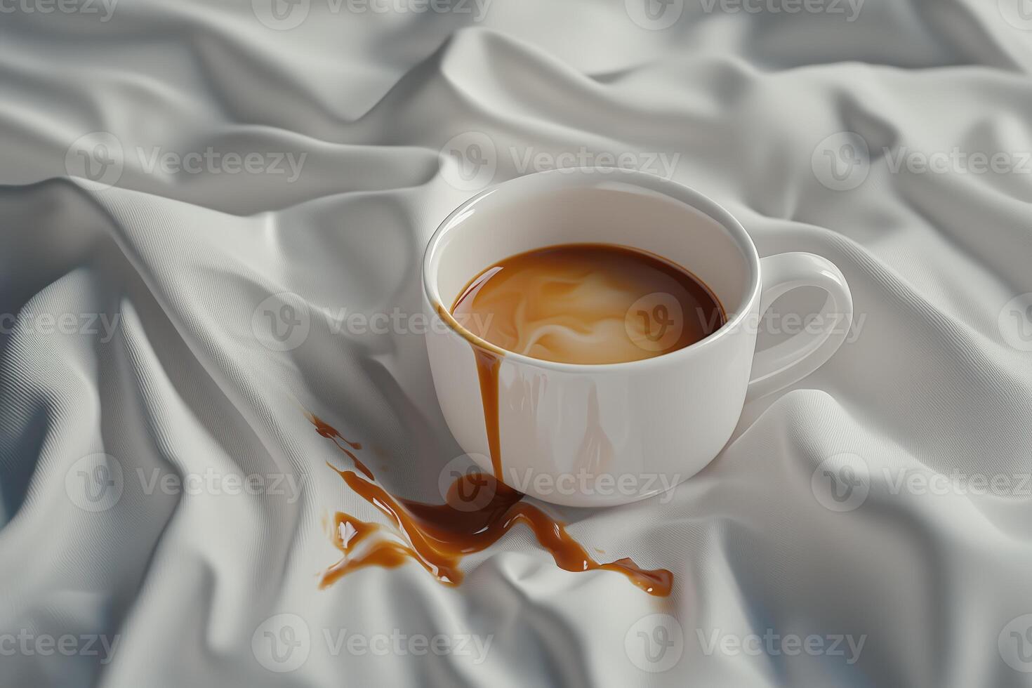 Spilled coffee in white cup on soft fabric background photo