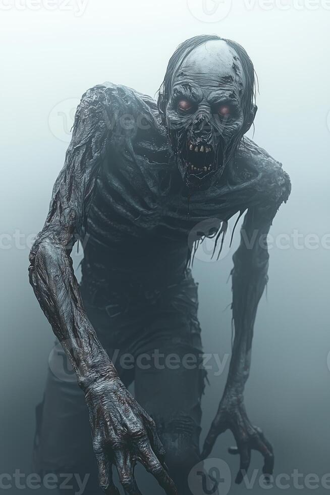 Eerie zombie creature emerging from fog in a dark, abandoned setting photo