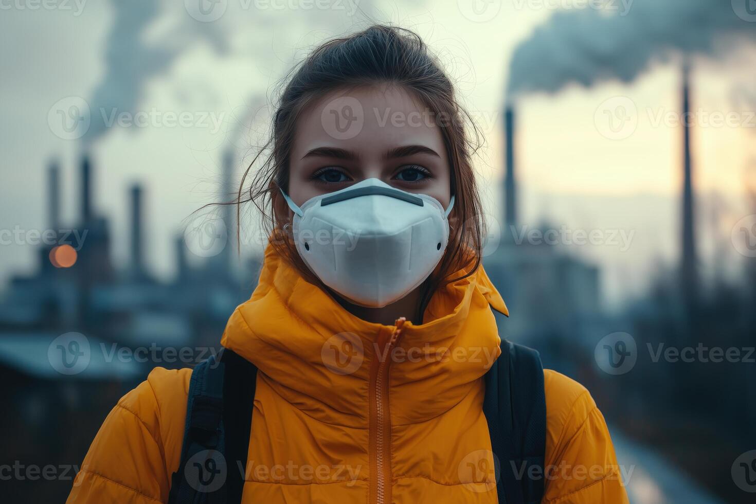 Young woman wearing a protective mask against pollution in a city with industrial plants photo