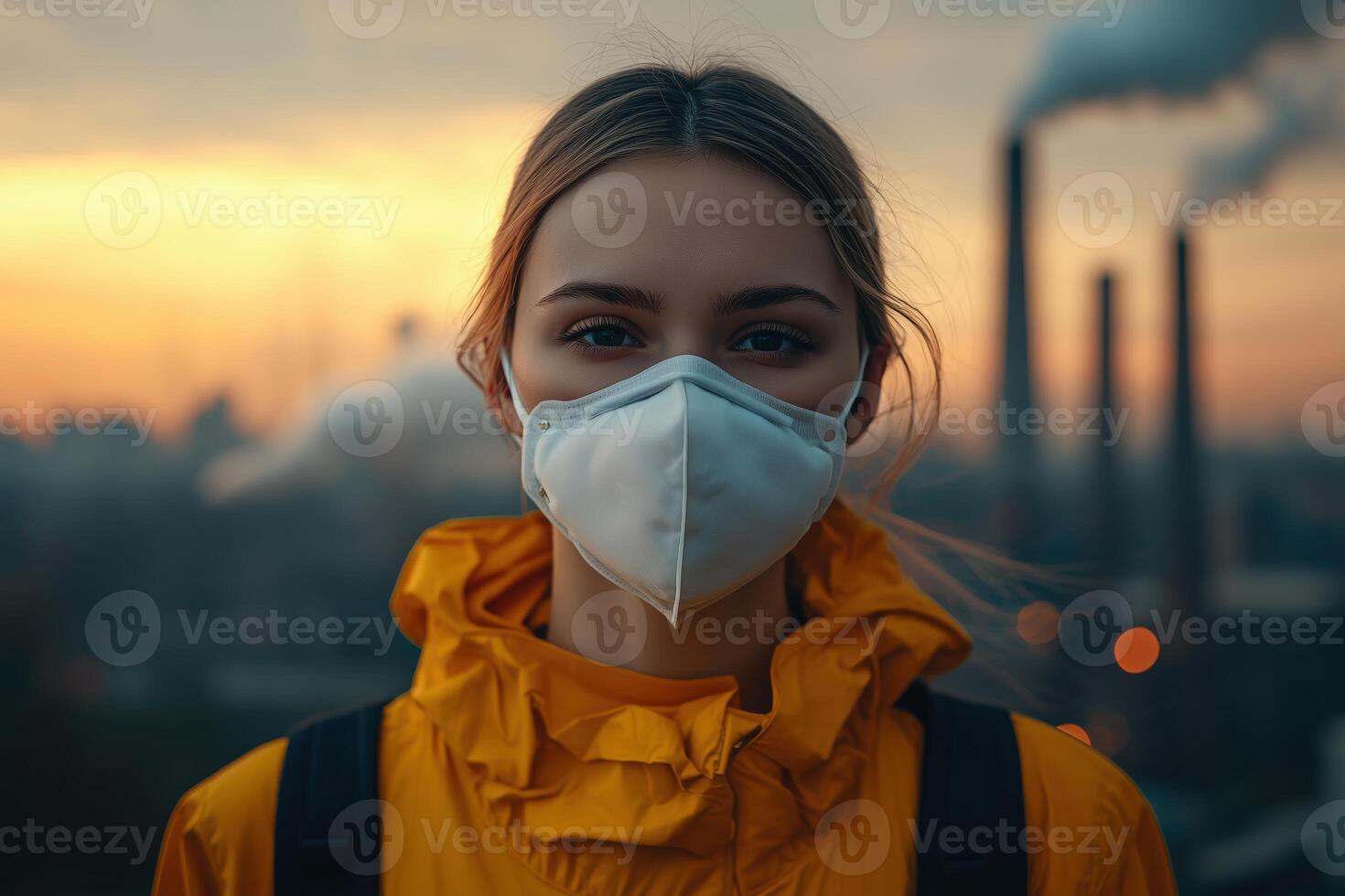 Young woman in yellow jacket and face mask against industrial skyline at sunset photo