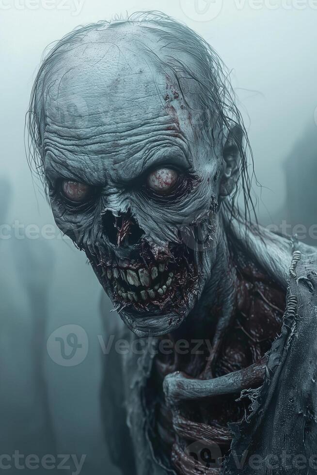Creepy and realistic zombie character in foggy atmosphere photo