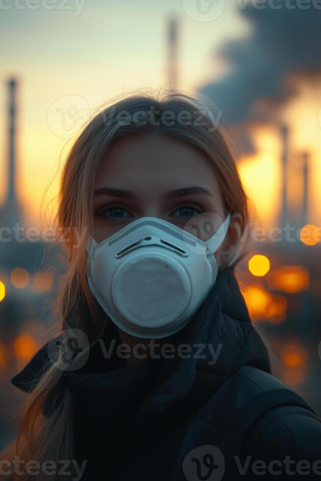 Young woman wearing a protective mask against pollution at sunrise with industrial background photo