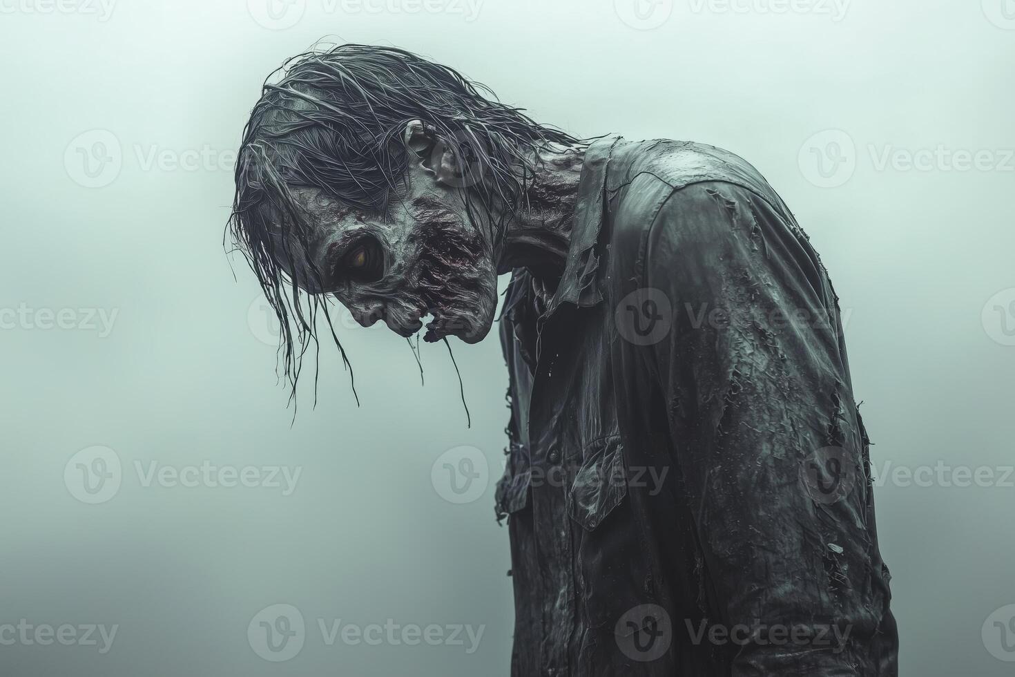 Creepy zombie with disheveled hair and decaying skin in a foggy atmosphere photo