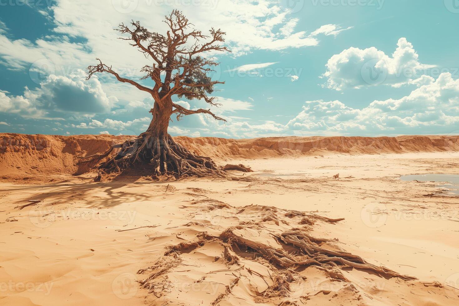 Lonely desert tree with exposed roots against a dramatic sky photo