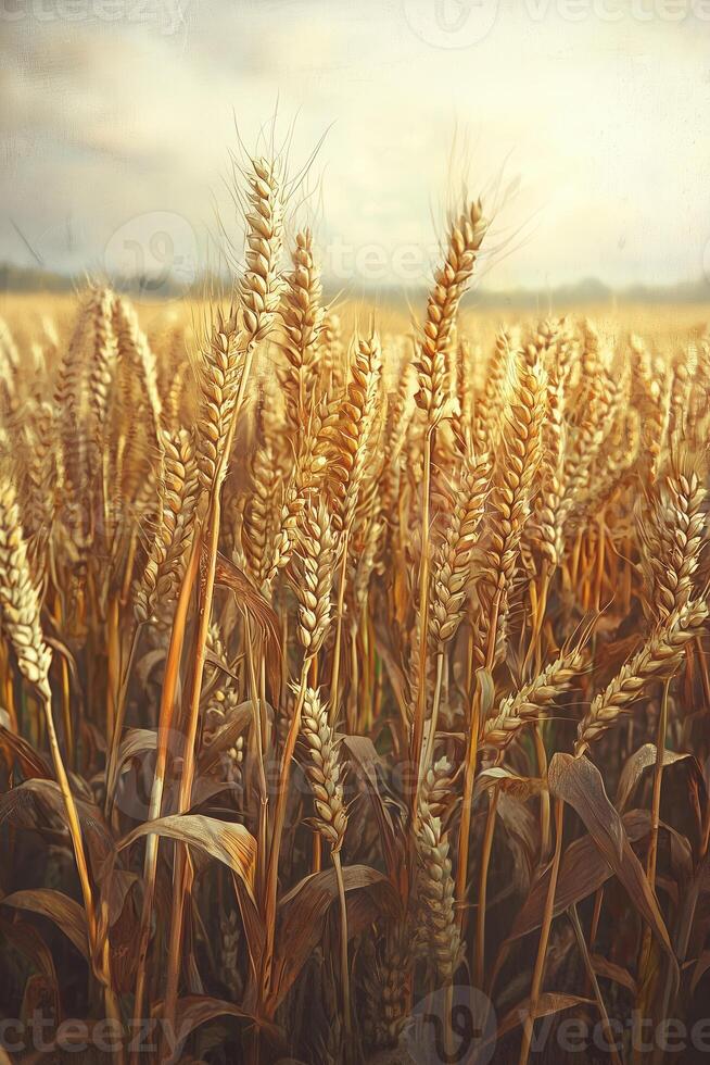 Golden wheat field under soft light on a cloudy day photo