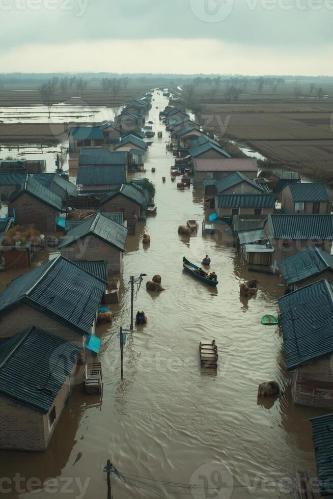 Aerial view of houses submerged in floodwaters with people navigating in boats photo