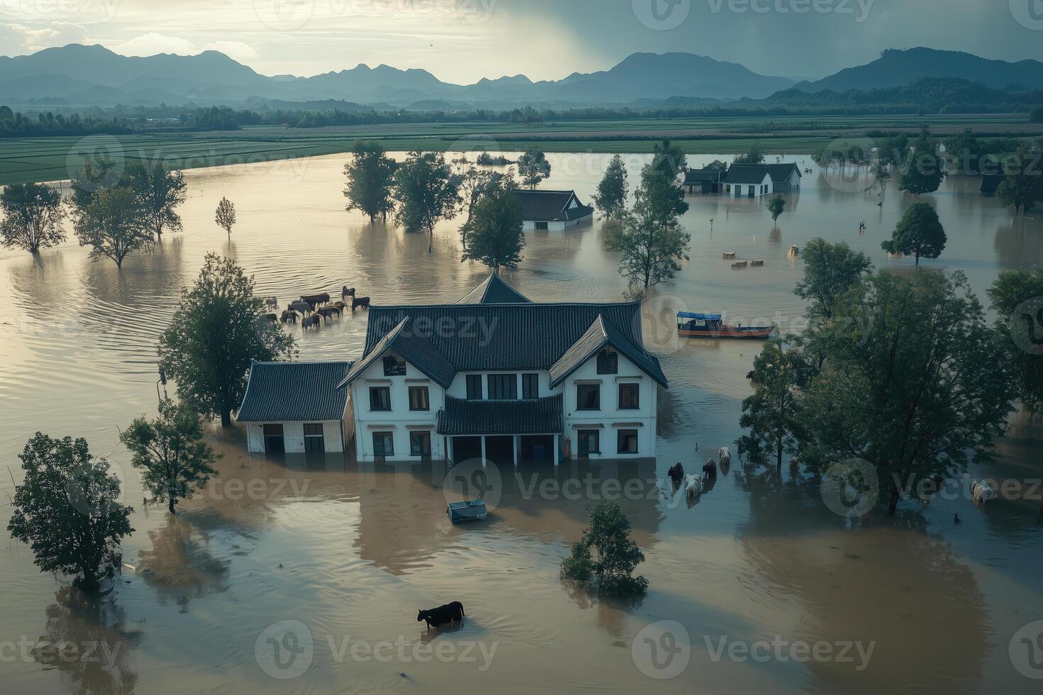 Aerial view of a flooded countryside with submerged houses and livestock during a natural disaster photo