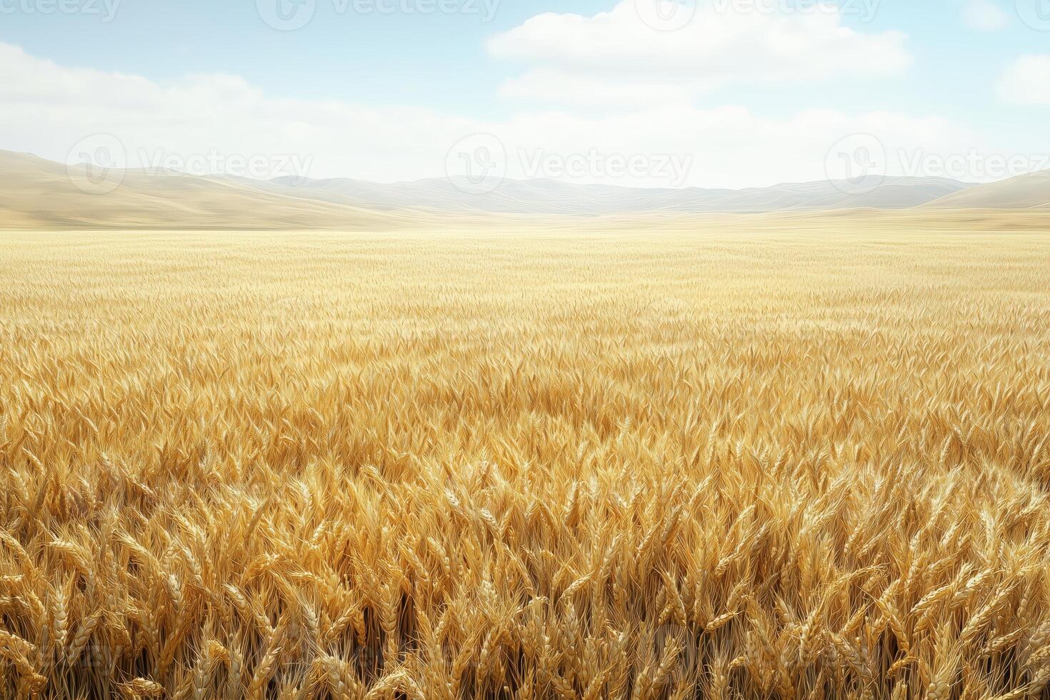 Golden wheat field under blue sky with clouds in rural landscape photo