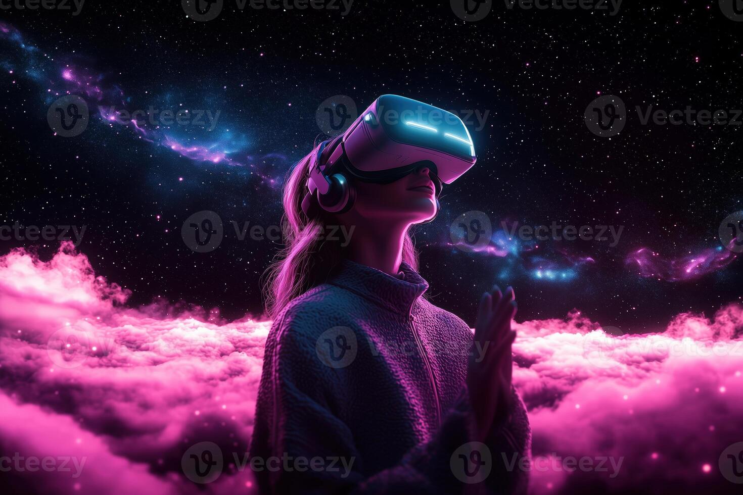 Young woman in vr headset exploring a cosmic universe with colorful clouds and starry background photo