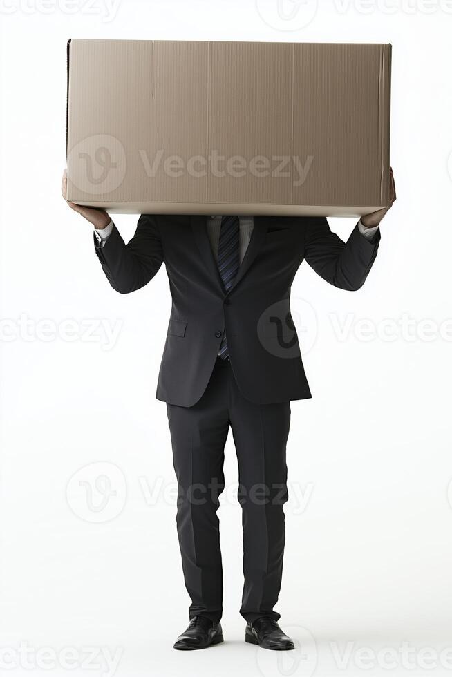 Businessman in suit holding large cardboard box above head isolated on white background photo