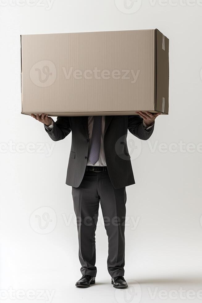 Businessman in suit holding large cardboard box above his head in studio setting photo