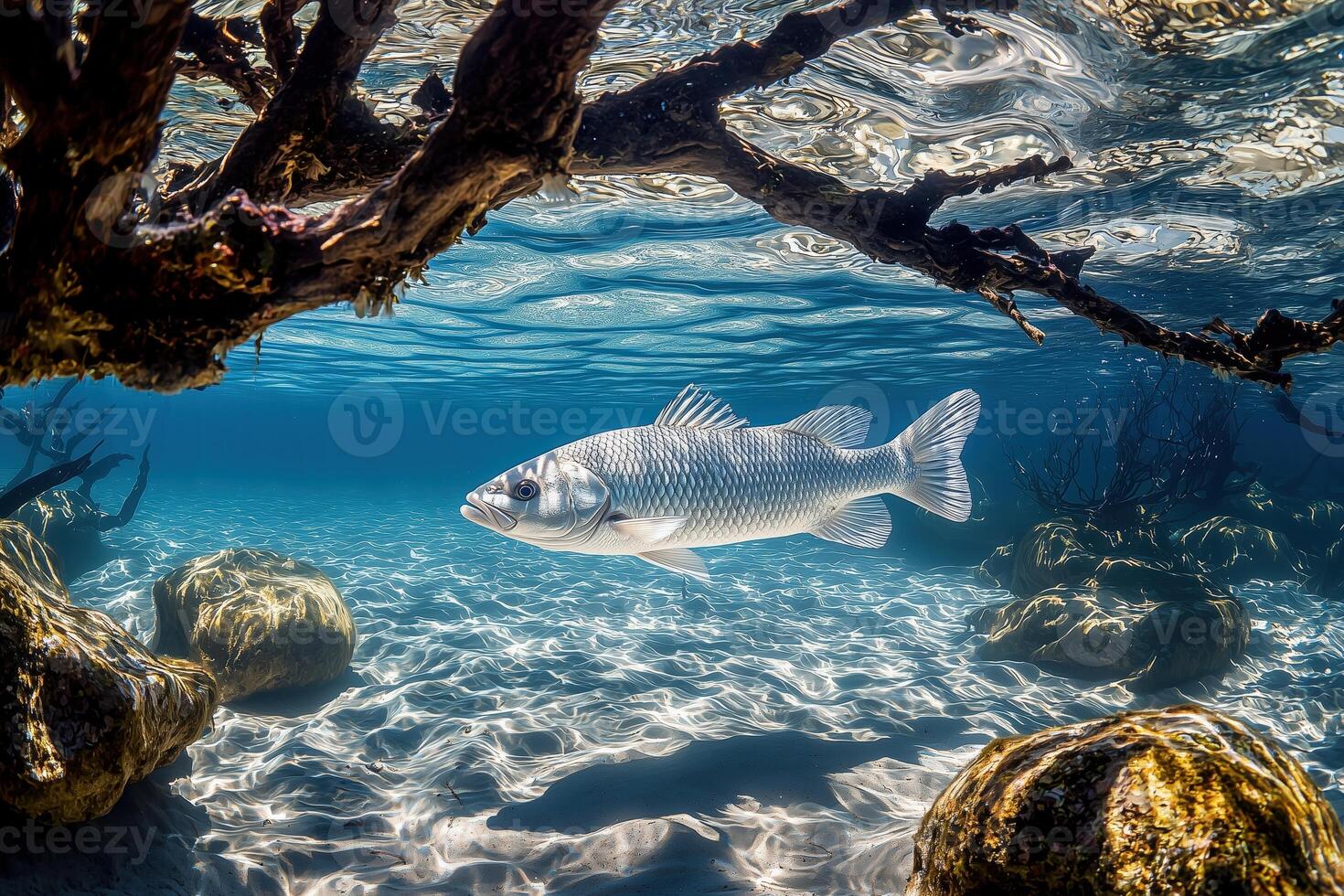 Underwater scene of a fish swimming near rocks and roots in a clear blue lagoon photo
