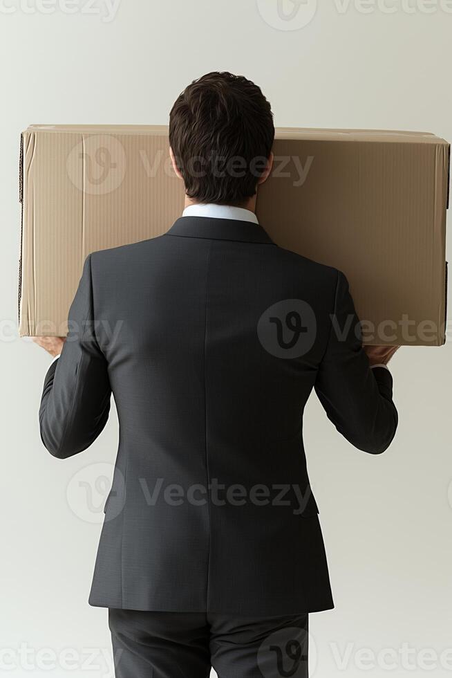 Businessman in suit carrying cardboard box on his shoulders in minimalist office space photo