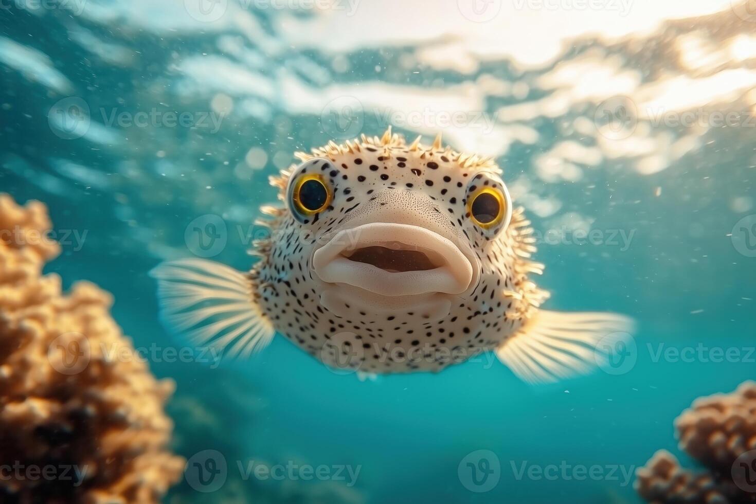Colorful puffer fish swimming in clear tropical waters surrounded by coral reefs photo