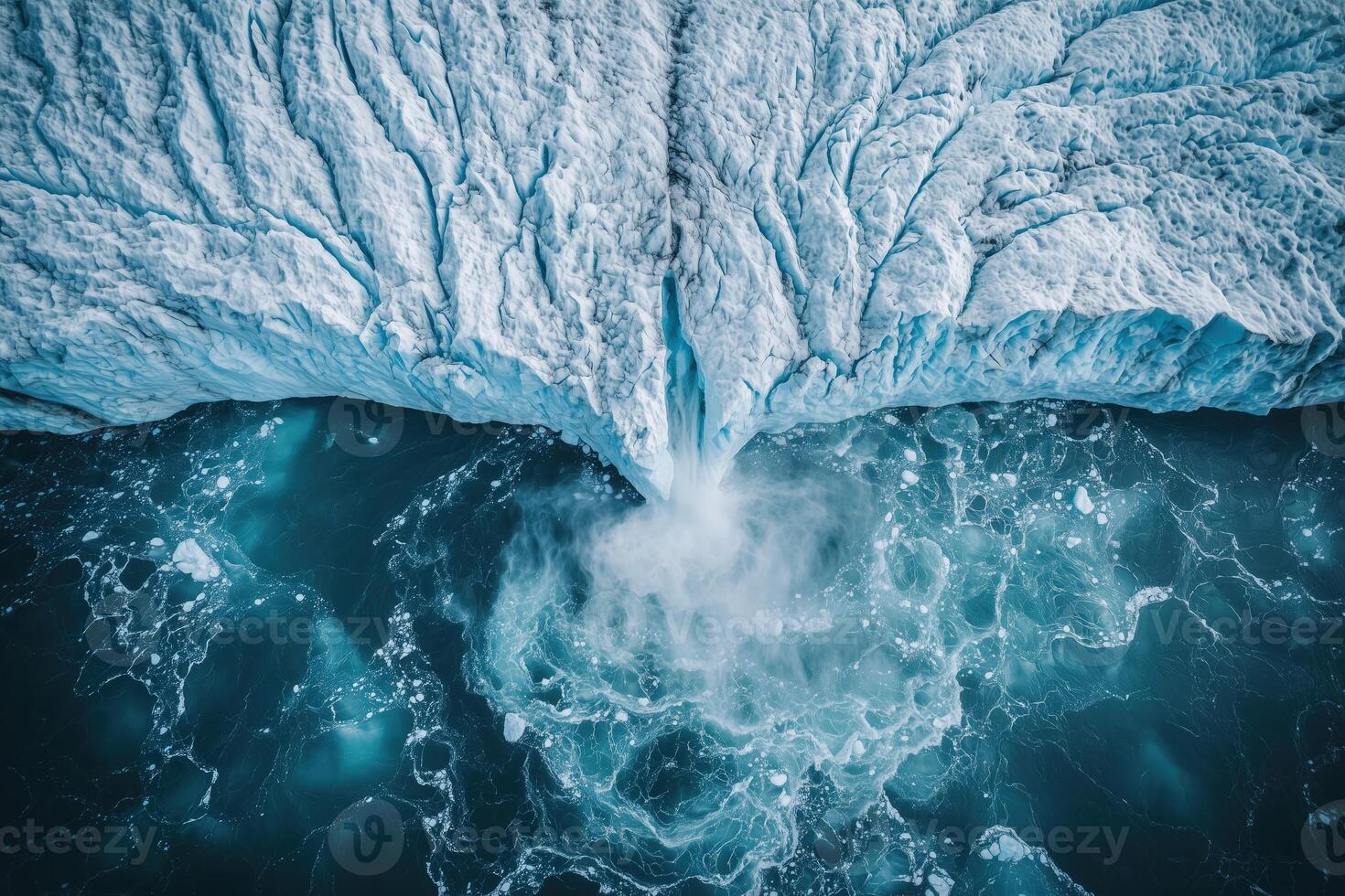 Aerial view of glacial iceberg calving into turquoise ocean water photo