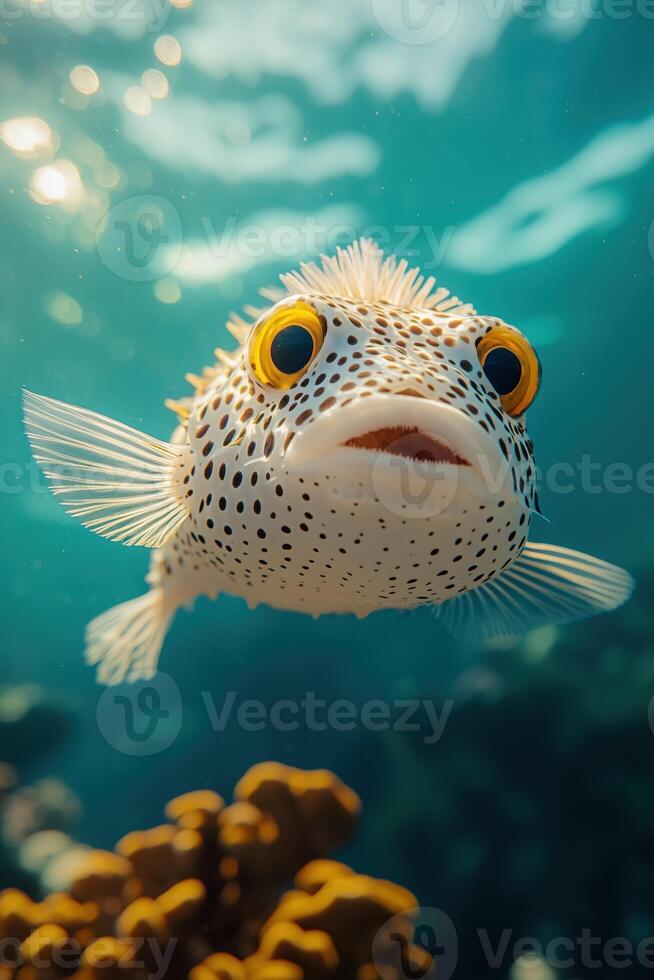 Close-up of a vibrant spotted pufferfish swimming in clear blue ocean waters photo