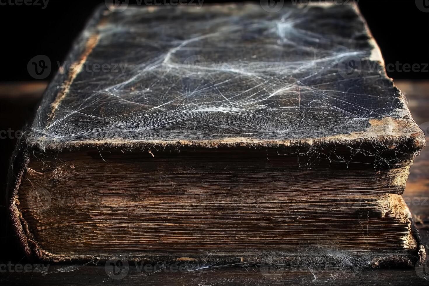 Old, dusty book covered in cobwebs on a dark wooden surface photo