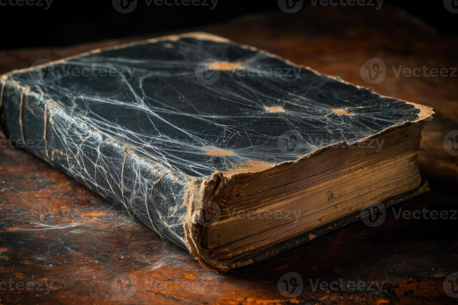 Old vintage leather-bound book with distressed cover and worn pages on rustic surface photo