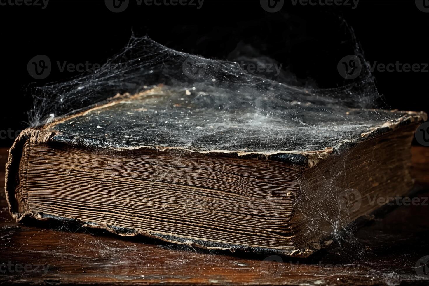 Old, dusty book covered in cobwebs, symbolizing knowledge forgotten over time photo