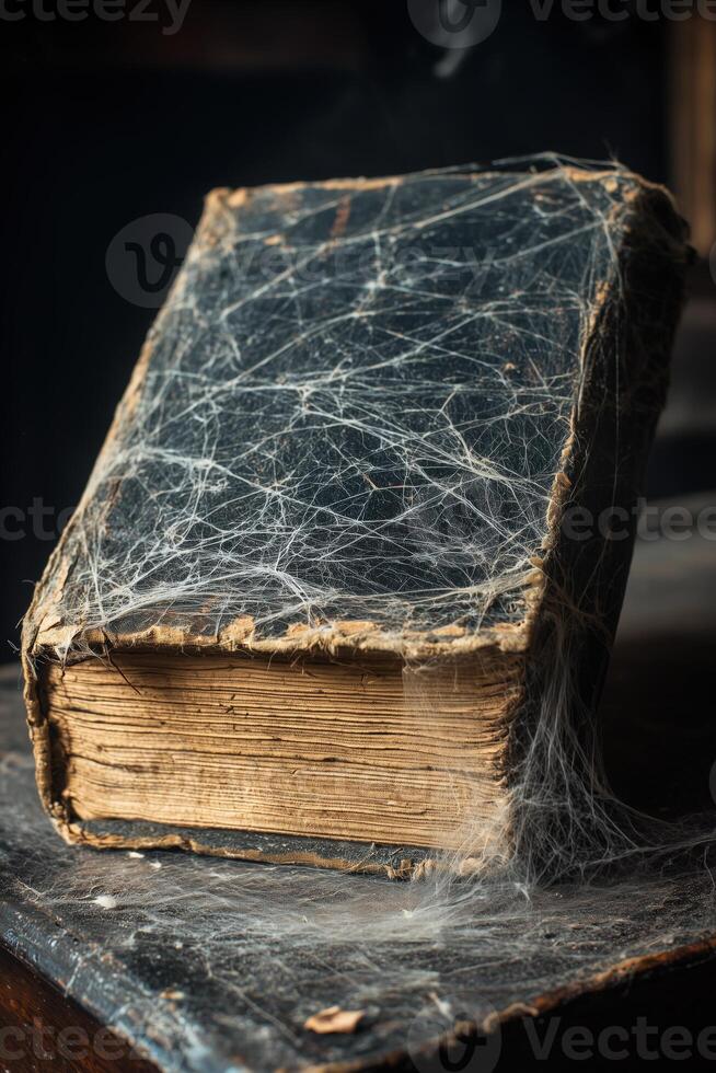 Old dusty book covered in cobwebs on a dark table photo