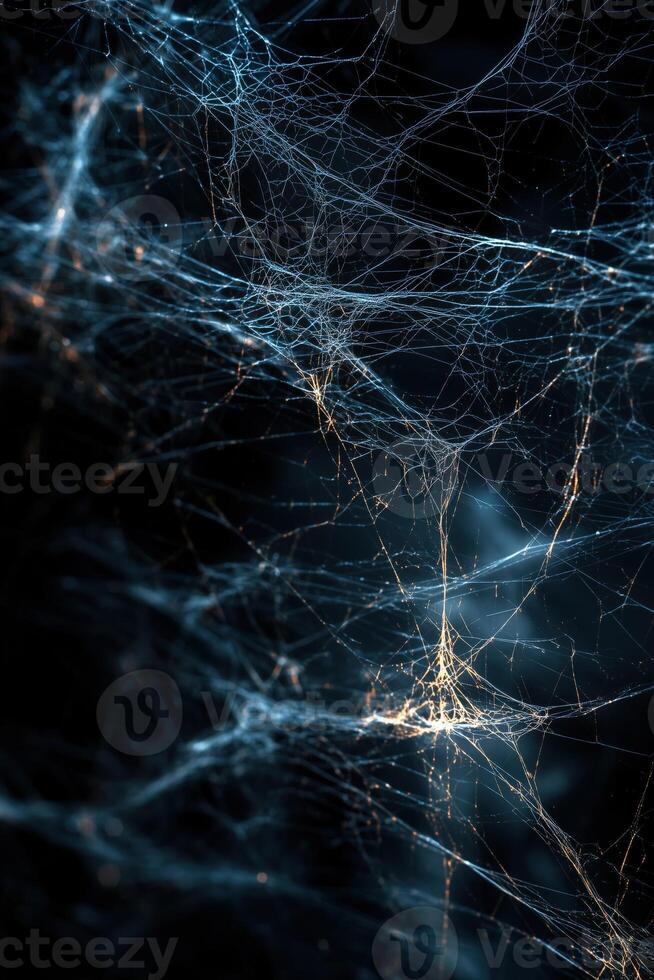 Intricate network of luminescent web-like structures against a dark background photo